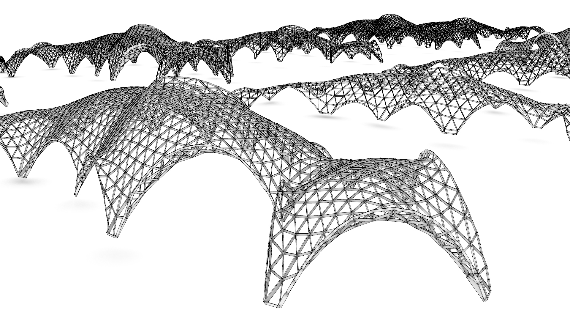 a catalog of structural iterations showing different solutions to a grid shell construction