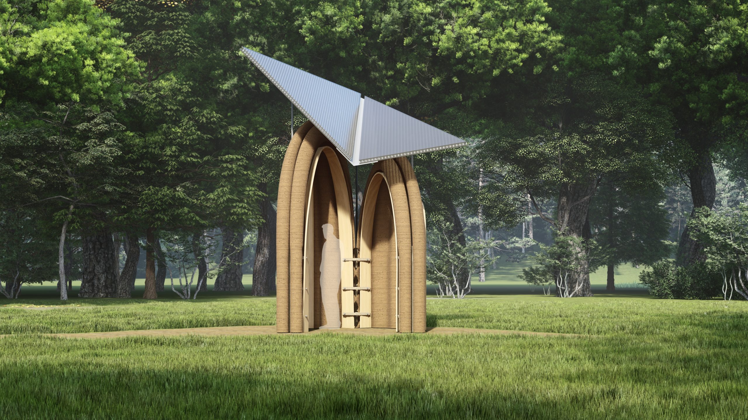 Two varying height 3D-printed arches and a polycarbonate roof with embedded timber supports.