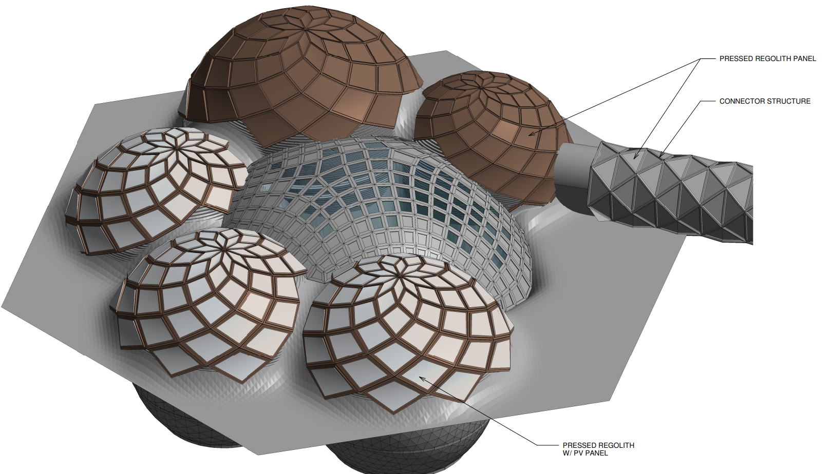 five spherical metaballs arragned around a hexagon with a cental pixelated dome. the five spherical domes each have radiating diamond pattern roof panels