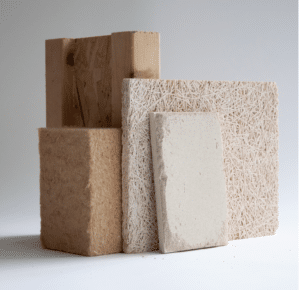 Material assemblage: Woofibre insulation, JJI Joists, Woodwool board and lime render (by Material Culture)