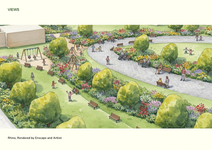 Rendering with green space, benches, and permeable pavers.