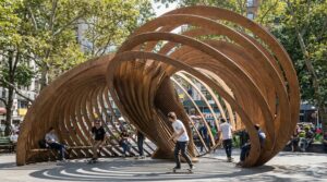 Architectural render of the final timber pavilion, showing integrated ramps for skateboarding and shaded areas for pedestrians.