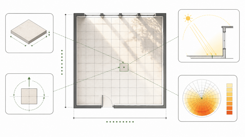 Diagram explaining plant placement as spatial compatibility between geometry local climate and plant needs.