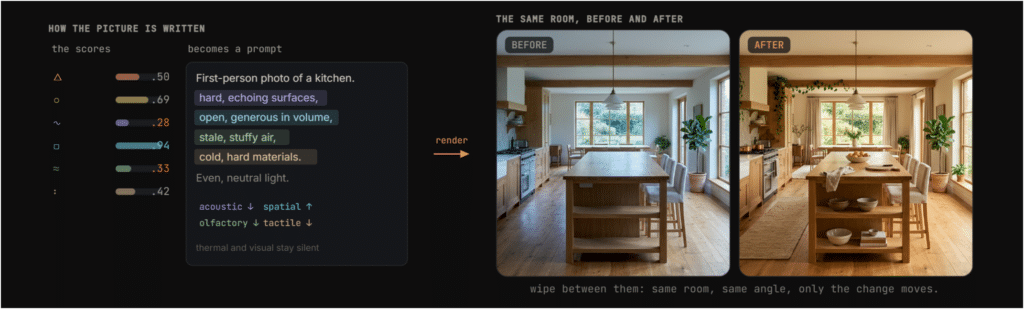 the score-to-prompt-to-image diagram — petal rose on the left writing the prompt, before-and-after render on the right