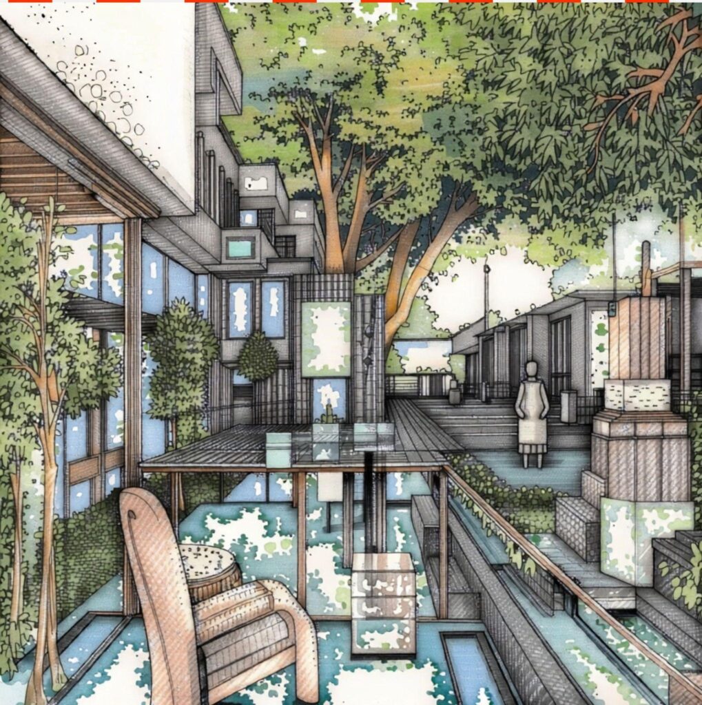 Colored final architectural render of an urban balcony scene with vegetation and Ching-style linework.