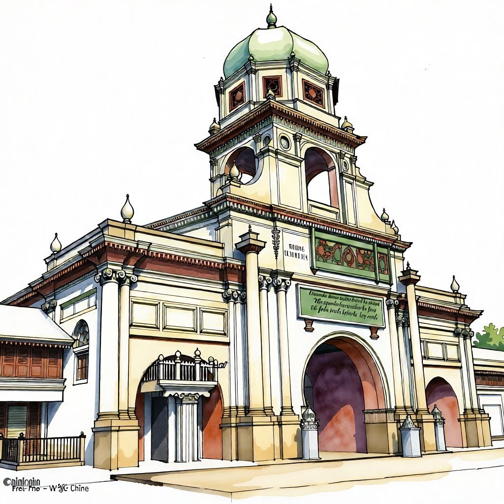Colored Ching-style architectural illustration of a church facade generated from a reference photograph.
