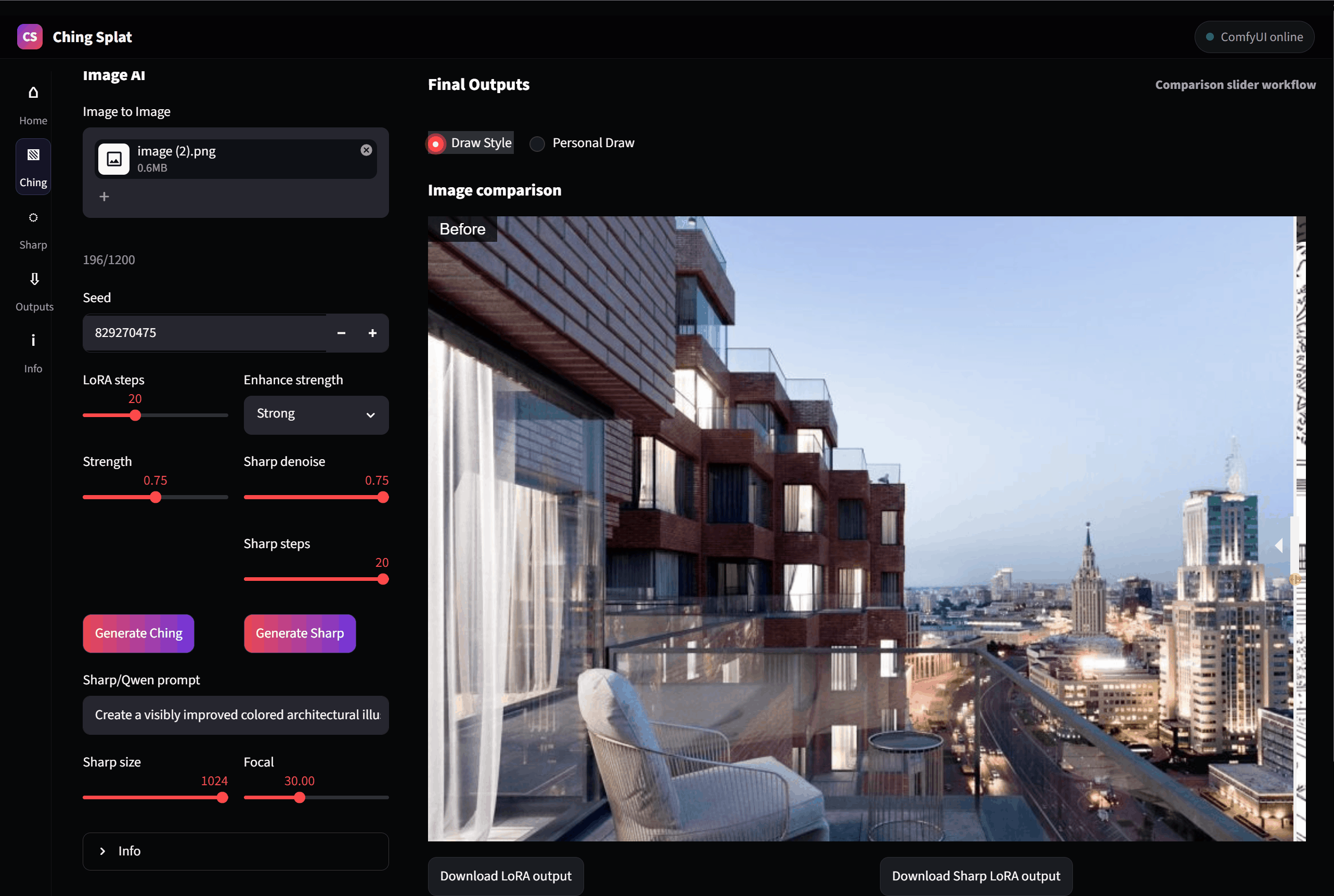 Animated Ching Splat interface showing a before and after comparison slider for architectural image enhancement.