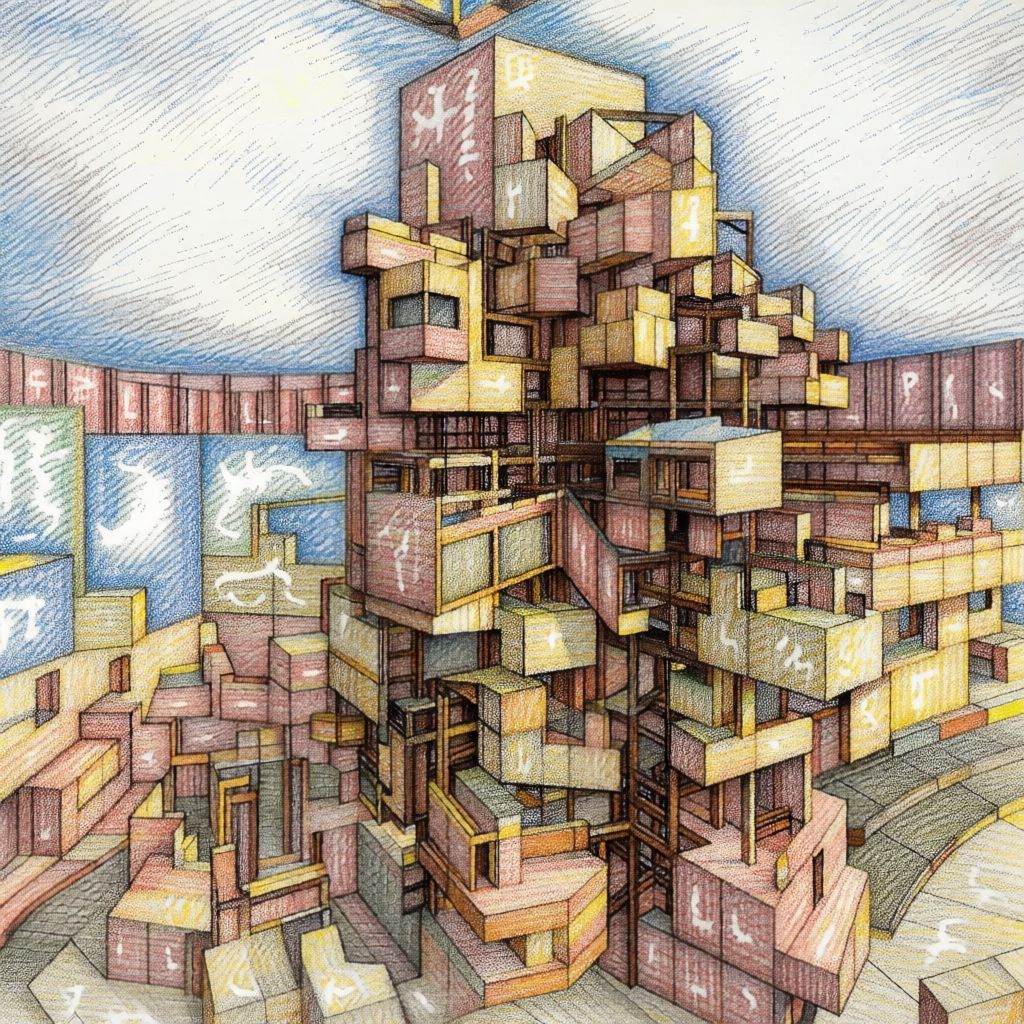 Generated architectural tower illustration in a colored Ching-style drawing produced through the selected Gaussian editing workflow.