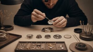 Watchmaker assembling a mechanical watch from small stable components.