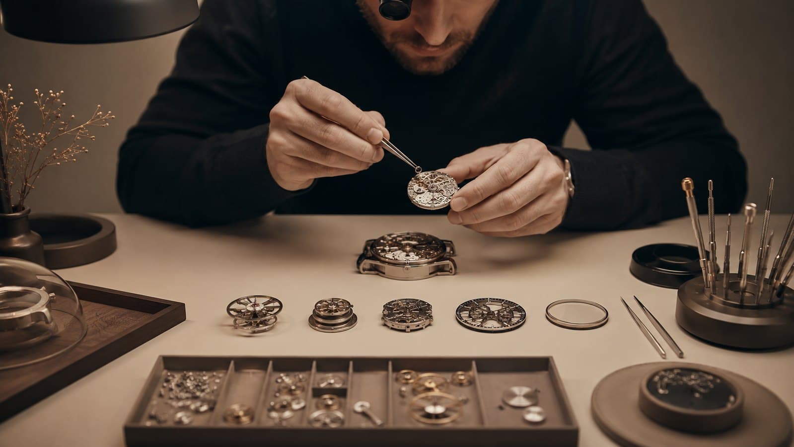 Watchmaker assembling a mechanical watch from small stable components.