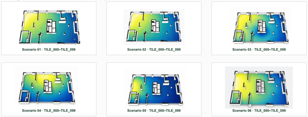 Six environmental tile maps for different architectural scenarios.